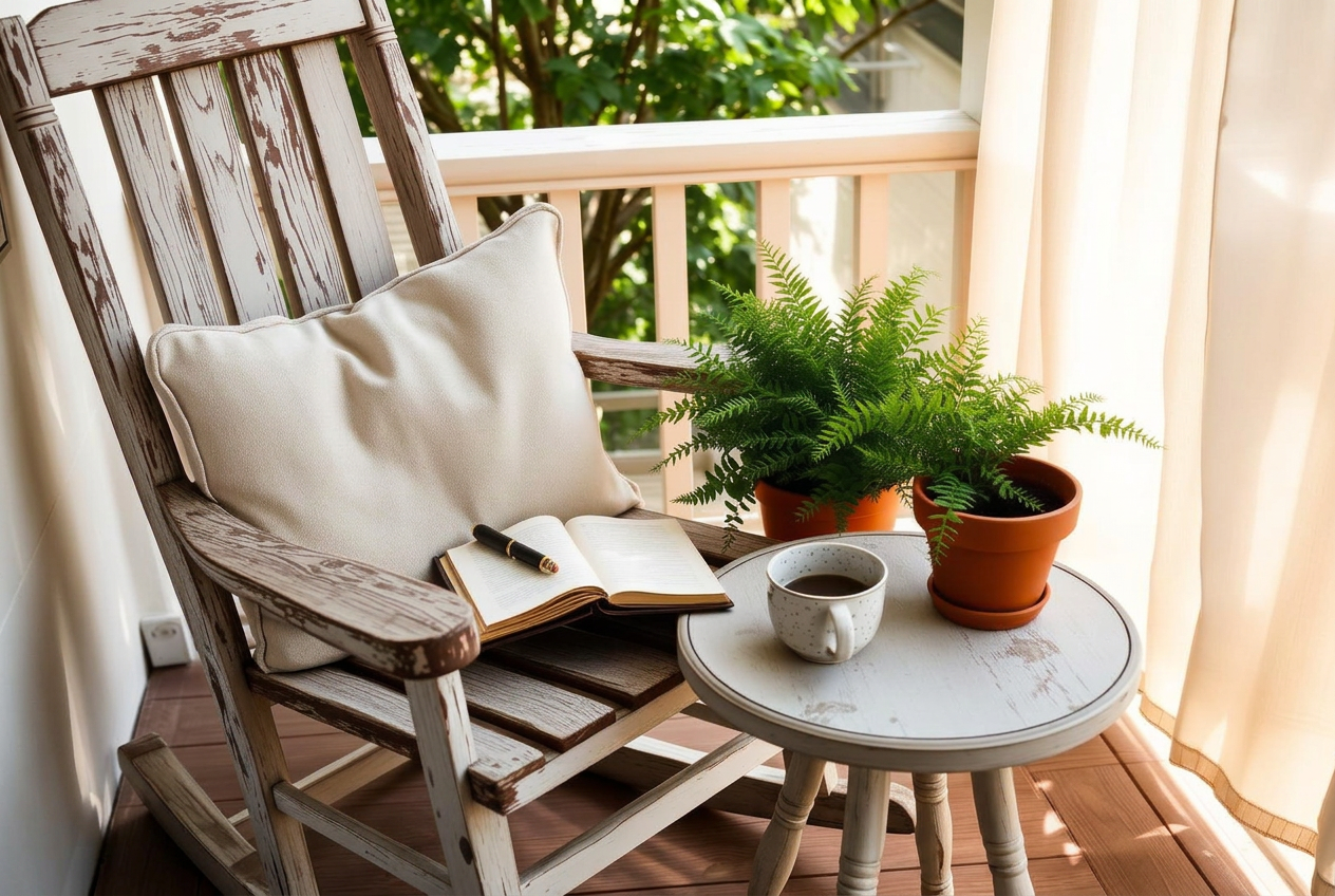 A weathered white rocking chair with a cream cushion, an open notebook and pen, a speckled ceramic mug, and a fern in a terracotta pot on a wooden porch in soft afternoon light.